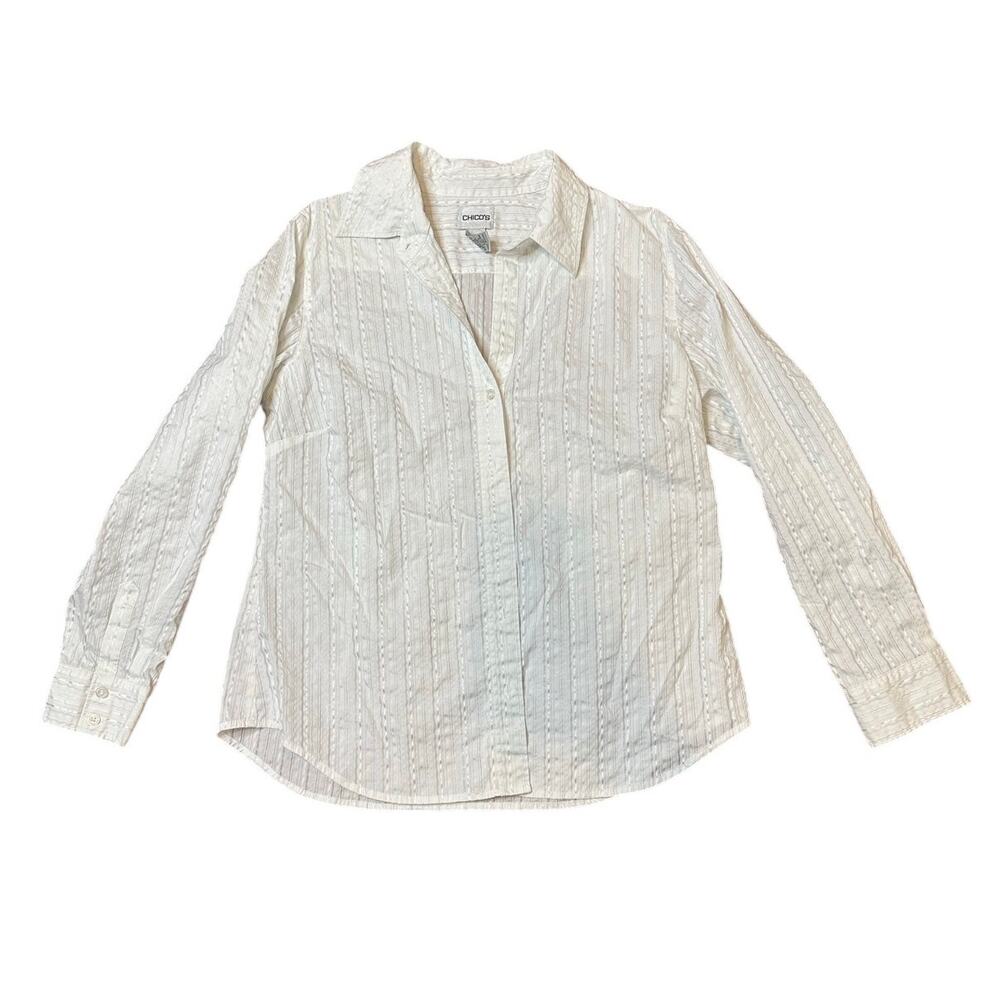 Chicos Womens Button Front Shirt White and Silver Long Sleeve Collar Sz 2